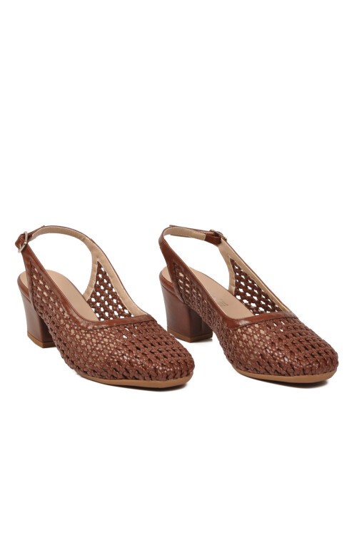 Kadın Kahve Örgü Detaylı Slingback Topuklu Ayakkabı 18386016-01