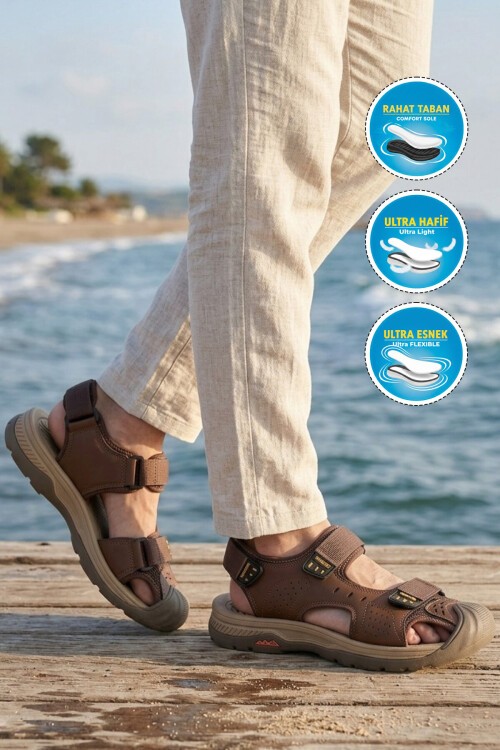 Erkek Kahve Kapalı Burun Cırtlı Günlük Yürüyüş Outdoor Sandalet E337 M