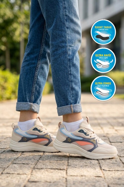 Koyu Gri-Turuncu Fileli Hava Alabilen Bağcıklı Rahat Tabanlı Unisex Yürüyüş ve Spor Ayakkabı Sneaker 26106 G