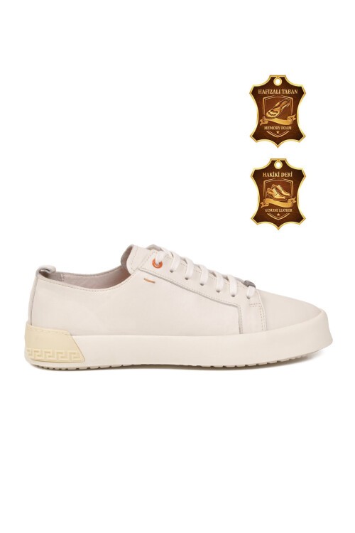 Krem Hakiki Deri Bağcıklı Kalın Rahat Tabanlı Erkek Casual Sneaker Ayakkabı 5404