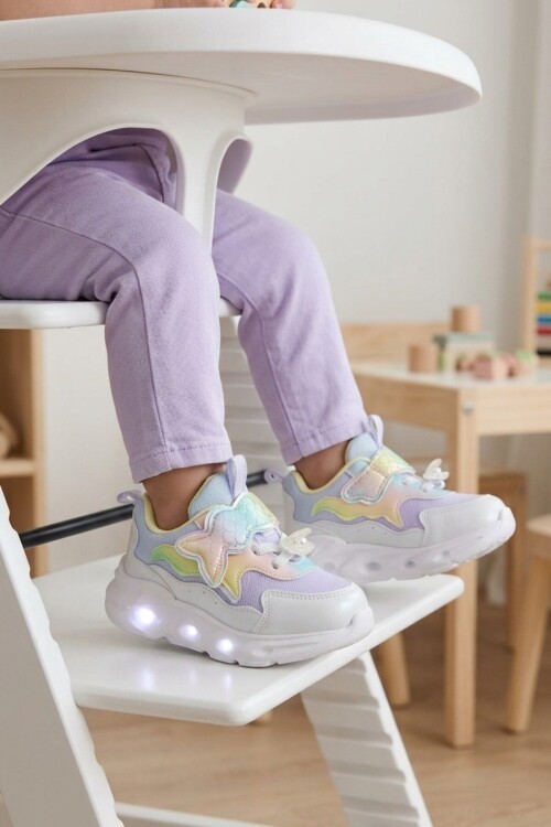 Lila Cırtlı Işıklı Anatomik Desenli Bebek İlk Adım ve Spor Ayakkabı Sneaker Aria B