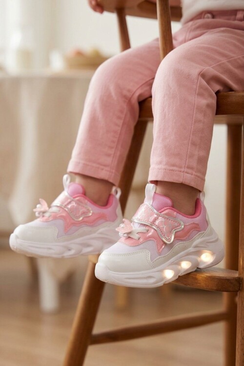 Pudra Anatomik Cırtlı Işıklı Desenli Bebek İlk Adım ve Spor Ayakkabı Sneaker Aida B