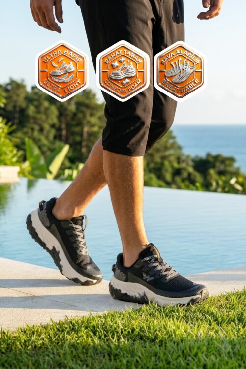 Siyah-Beyaz Fileli Hafif Rahat Hafızalı Kalın Tabanlı Erkek Yürüyüş ve  Spor Ayakkabı Sneaker Flystep M 