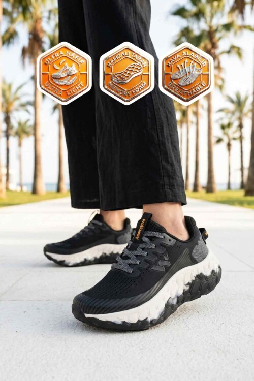 Siyah-Beyaz Fileli Hafif Rahat Hafızalı Kalın Tabanlı Unisex Yürüyüş ve  Spor Ayakkabı Sneaker Flystep G