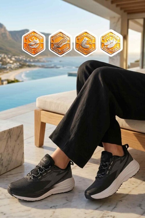 Siyah-Beyaz Fileli Bağcıklı Hafızalı Rahat Tabanlı Unisex Yürüyüş ve Spor Ayakkabı Flexion G