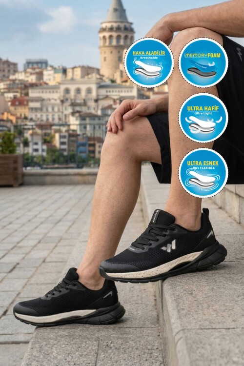 Siyah-Beyaz Fileli Bağcıklı Hafızalı Rahat Tabanlı Erkek Yürüyüş ve Spor Ayakkabı Relaxon M