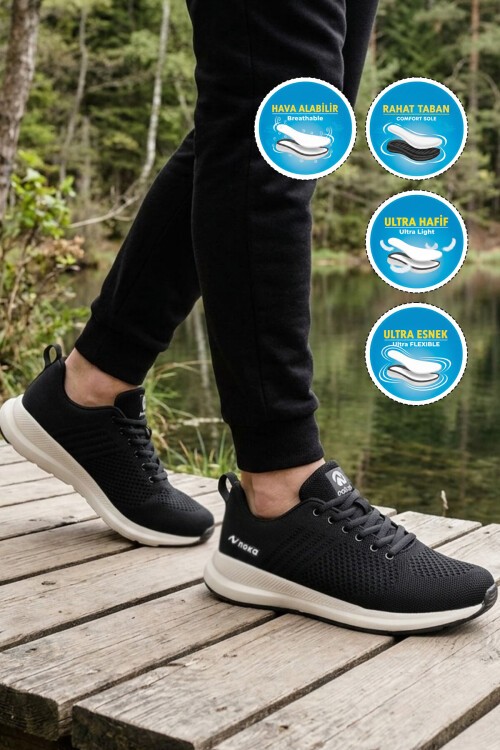 Siyah-Beyaz Unisex Günlük Spor Ayakkabı Bağcıklı Anorak Nefes Alan Sneaker Wesley