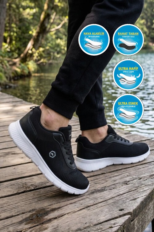Erkek Siyah-Beyaz Günlük Spor Ayakkabı Hafif Rahat Tabanlı Bağcıklı Sneaker 26108