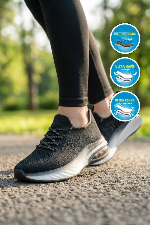 Siyah Geniş Kalıp Örme Hafızalı Taban Nefes Alan Kadın Yürüyüş ve Spor Ayakkabı Sneaker B264 Z