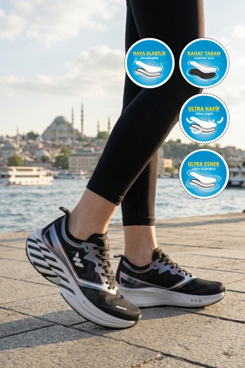 Siyah-Gümüş ileli Hafif Hafızalı Rahat Tabanlı Unisex Koşu Yürüyüş ve Spor Ayakkabı Space G