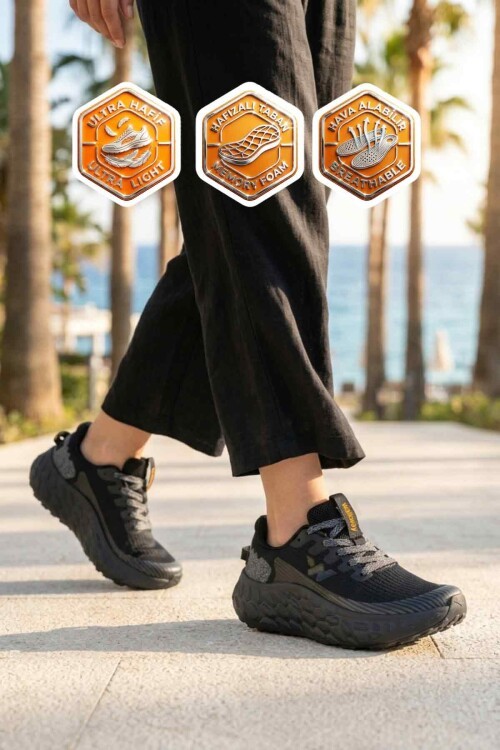 Siyah Fileli Hafif Rahat Hafızalı Kalın Tabanlı Unisex Yürüyüş ve  Spor Ayakkabı Sneaker Flystep G