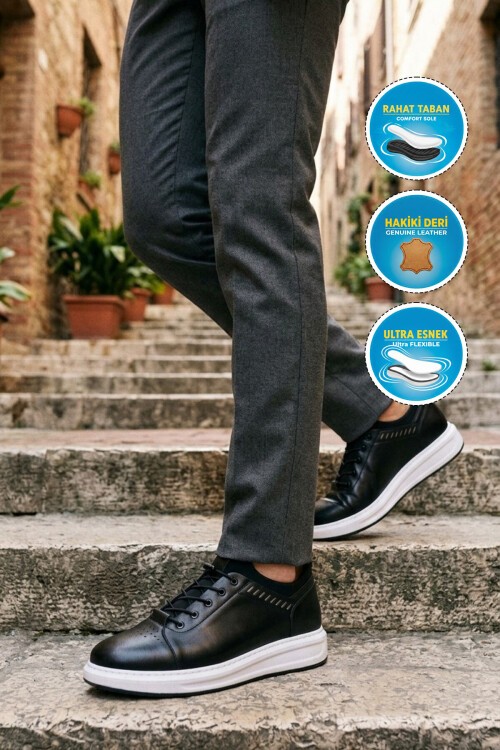 Erkek Siyah Hakiki Deri Comfort Rahat Taban Günlük Ayakkabı Sneaker 4190 M