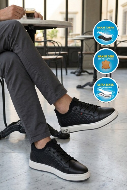 Erkek Casual Ayakkabı Siyah Hakiki Deri Kroko Desenli Rahat Şık Sneaker 6424-1 M