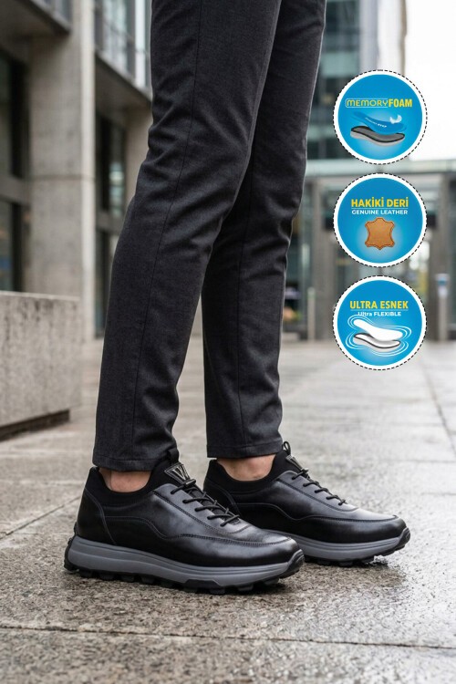 Siyah Premium Hakiki Deri Erkek Günlük Sneaker Memory Kalın Taban M084-2 M