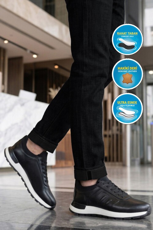 Erkek Siyah Hakiki Deri Günlük Ayakkabı Rahat Konforlu Şık Bağcıklı Sneaker M294  M