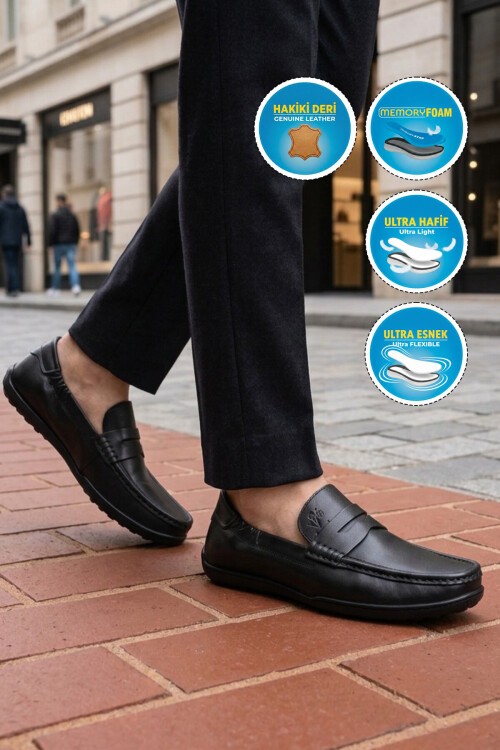 Erkek Hakiki Deri Hafızalı Taban Bağcıksız Mokasen Ayakkabı Rahat Smart Casual Siyah M420  M