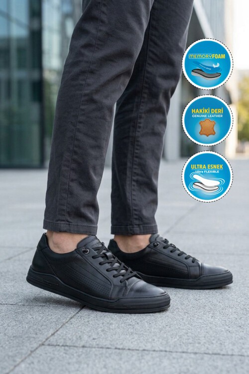 Siyah Hakiki Deri Erkek Günlük Sneaker Nefes Alabilen Memory Foam Casual Ayakkabı M682 M