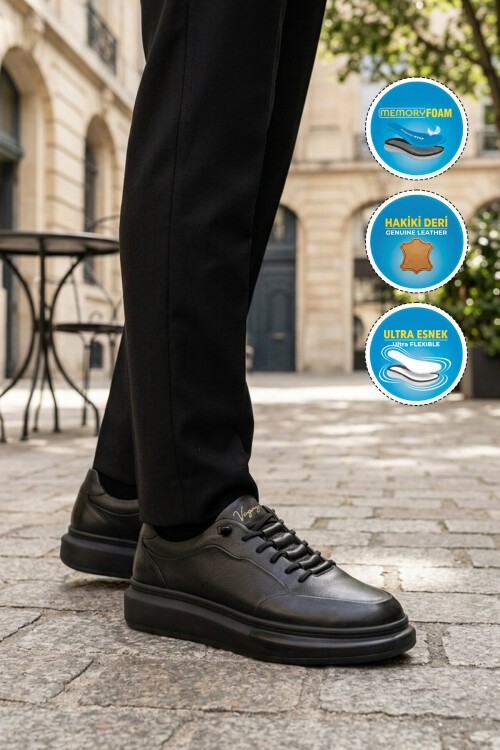 Siyah Hakiki Deri Erkek Sneaker Memory Taban Premium Günlük Ayakkabı M704-1 M