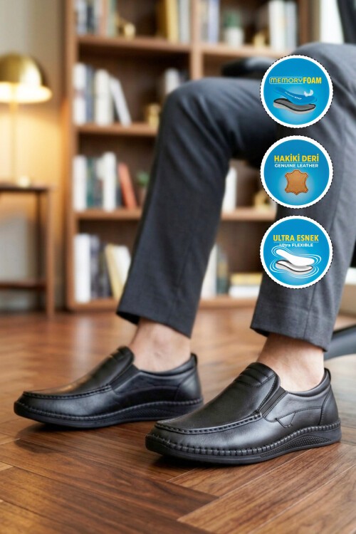 Siyah Erkek Smart Casual Ayakkabı Hakiki Deri Hafızalı Rahat Taban Şık Loafer M741 M