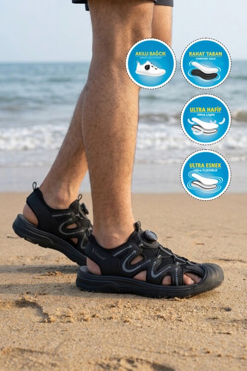 Erkek Outdoor Trekking Sandalet Çevirmeli Hızlı Bağlama Kapalı Burun Nefes Alabilen Siyah E339 M