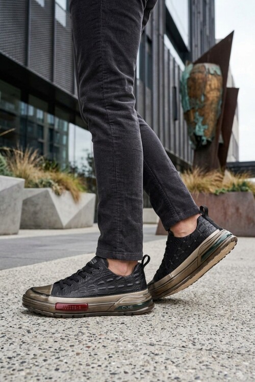 Erkek Siyah Timsah Desenli Hakiki Deri Günlük ayakkabı Sneaker