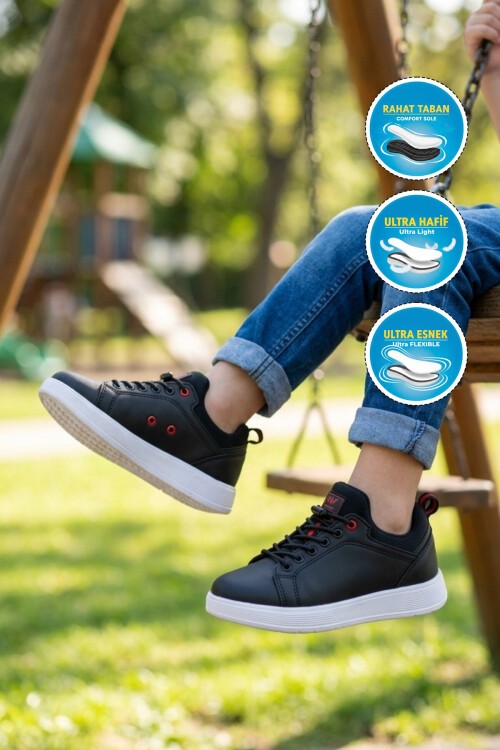 Siyah-Kırmızı Comfort Rahat Taban Lastik Bağcıklı Erkek Çocuk Sneaker Balase F