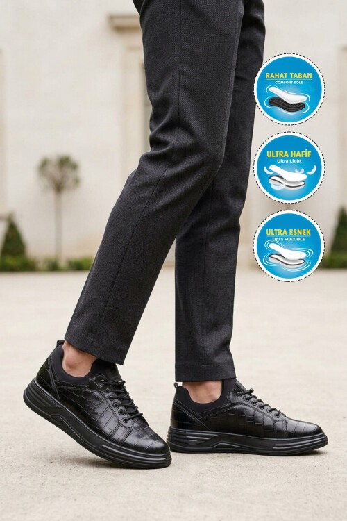 Erkek Siyah Kroko Lastik Bağcıklı Rahat Hafif Tabanlı Spor Ayakkabı Sneaker Balase M