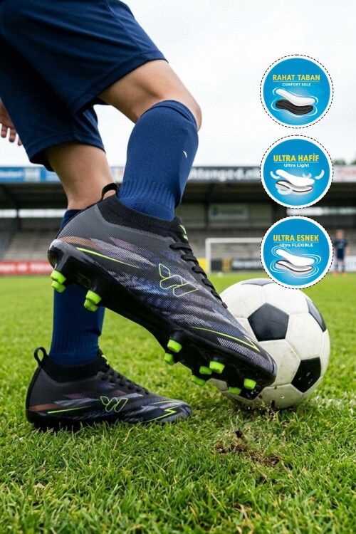 Siyah Çoraplı Bağcıklı Unisex Çocuk Futbol Ayakkabısı Krampon Strike F