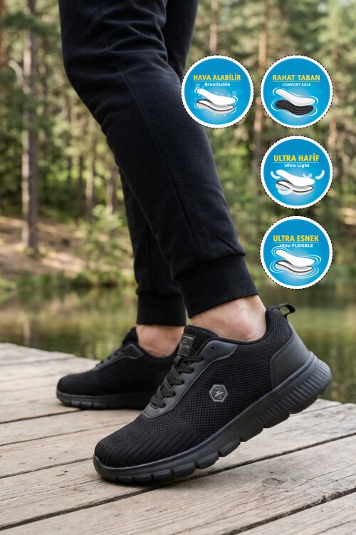Erkek Siyah-Siyah Günlük Spor Ayakkabı Hafif Rahat Tabanlı Bağcıklı Sneaker 26108