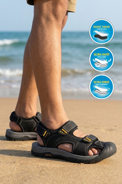 Erkek Siyah Kapalı Burun Cırtlı Günlük Yürüyüş Outdoor Sandalet E337 M