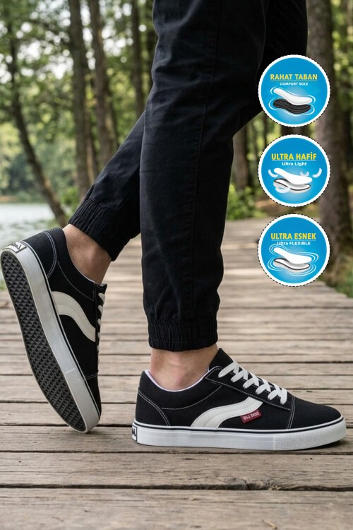 Erkek Siyah Günlük Spor Ayakkabı Bağcıklı Casual Kanvas Sneaker 1002