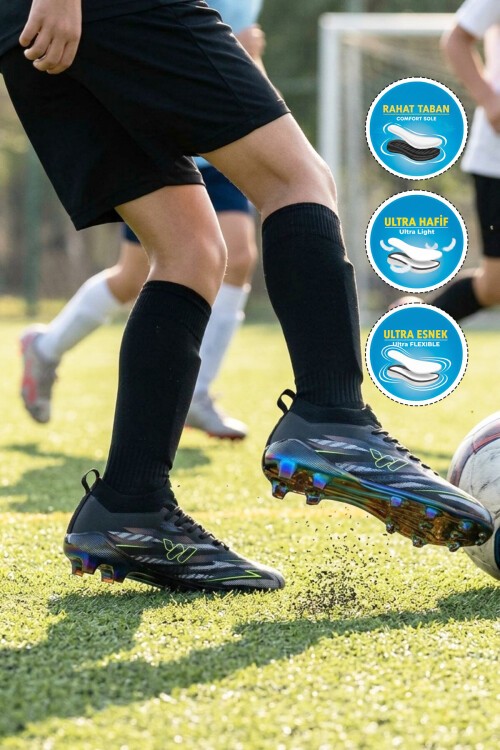 Siyah Çoraplı Bağcıklı Unisex Futbol Ayakkabısı Krampon Strike G