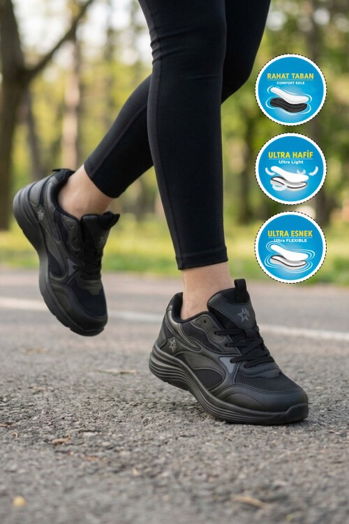 Siyah Fileli Hava Alabilen Bağcıklı Rahat Tabanlı Unisex Yürüyüş ve Spor Ayakkabı Sneaker 26106 G