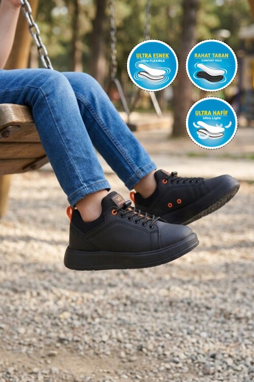 Siyah-Turuncu Comfort Rahat Taban Lastik Bağcıklı Erkek Çocuk Sneaker Balase F