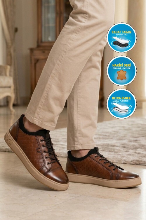 Erkek Casual Ayakkabı Taba Hakiki Deri Kroko Desenli Rahat Şık Sneaker 6424-1 M
