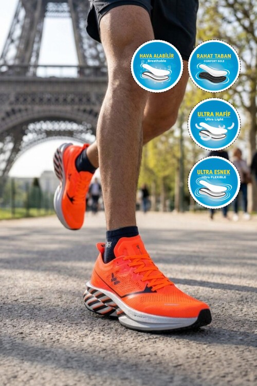 Turuncu Fileli Hafif Hafızalı Rahat Tabanlı Erkek Koşu Yürüyüş ve Spor Ayakkabı Space M