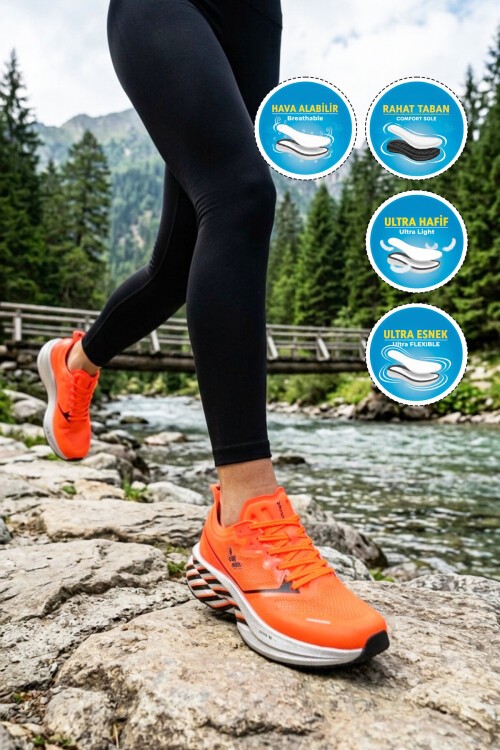 Turuncu Fileli Hafif Hafızalı Rahat Tabanlı Unisex Koşu Yürüyüş ve Spor Ayakkabı Space G