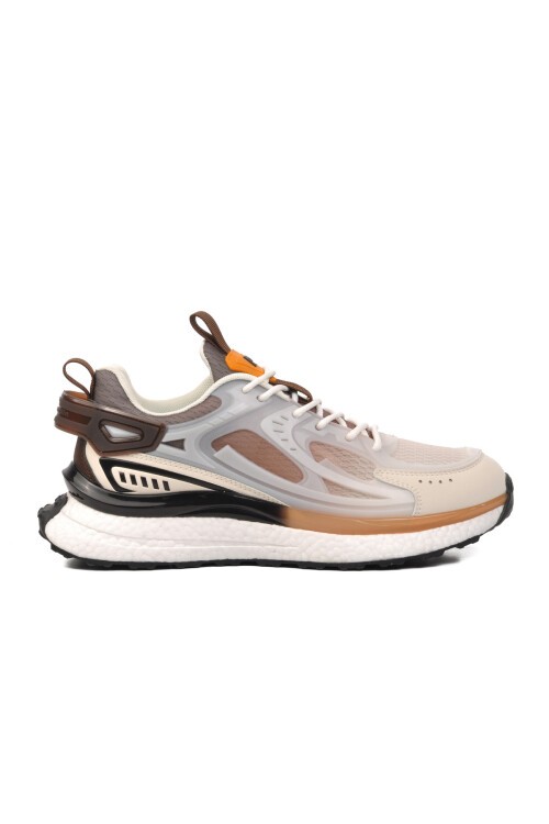 Beyaz-Kahve Fileli Hafızalı Hafif Rahat Köpük Tabanlı Erkek Yürüyüş ve Spor Ayakkabı Sneaker PCI-10105