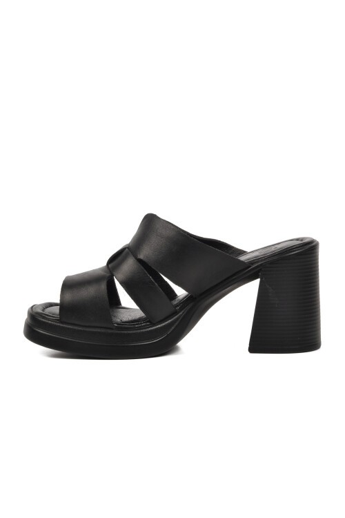 Venüs Siyah Hakiki Deri Kadın Topuklu Terlik