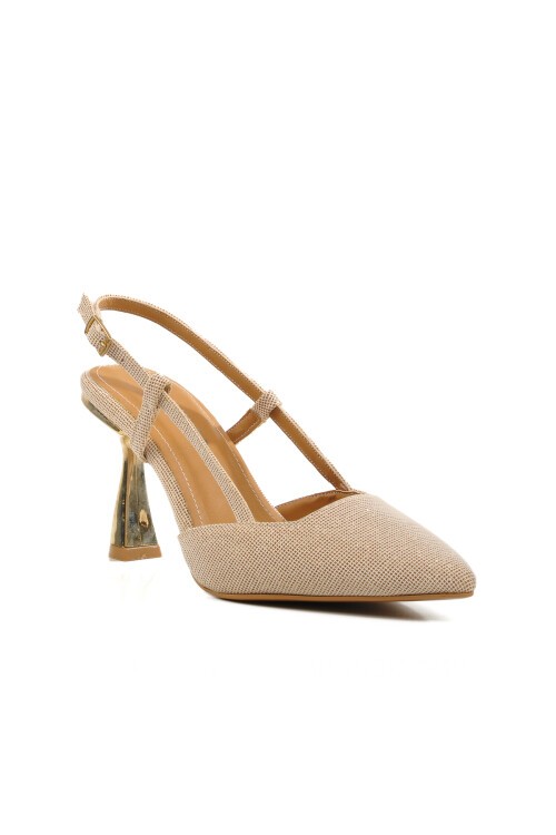 Ayakmod Bej İnce Topuk Simli Kadın Topuklu Ayakkabı