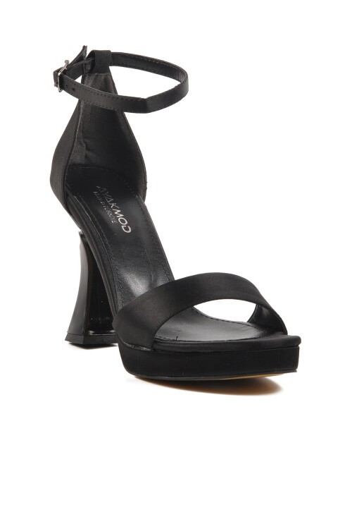 Ayakmod Siyah Saten Kadın Topuklu Sandalet