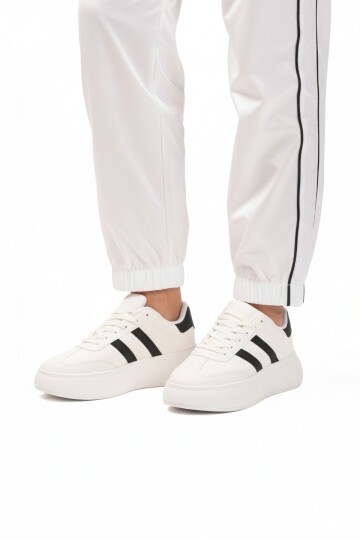 Beyaz-Siyah Suni Deri Kadın Spor Ayakkabı DVS-01 Z