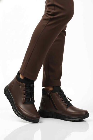 Kahve Hakiki Deri Lastik Bağcıklı İçi Polarlı Kadın Bot 3615 Z