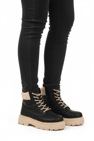 Siyah-Bej İçi Polarlı Fermuarlı Kadın Bot Serpa 5200 Z