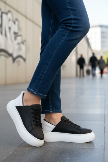 Siyah-Beyaz yüksek Tabanlı Kadın Spor Ayakkabı OZ-03 Z