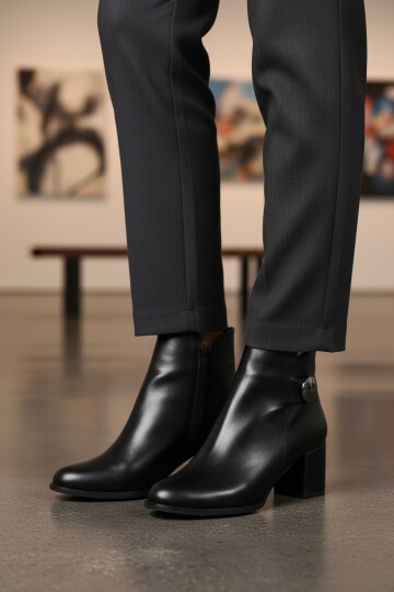 Siyah Cilt Topuklu Kadın Bot Dar Kalıp 262325 Z