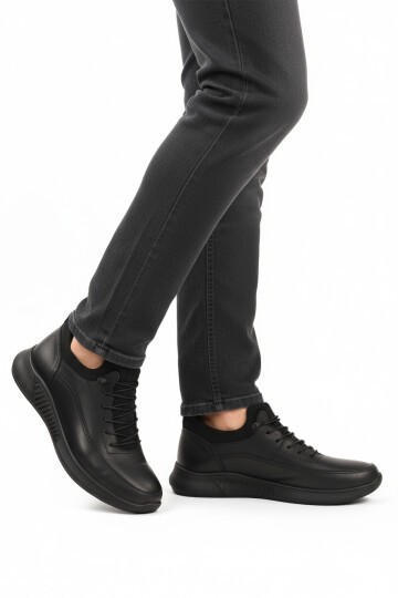 Siyah Floter Hakiki Deri Lastik Bağcıklı Erkek Günlük Ayakkabı 110 M