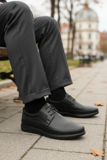 Siyah Hakiki Deri Jel Tabanlı Ortopedik Erkek Günlük Ayakkabı 478 M