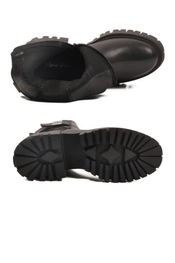 Siyah Hakiki Deri Kaymaz Taban Fermuarlı Kadın Bot Premium 23783-1 Z