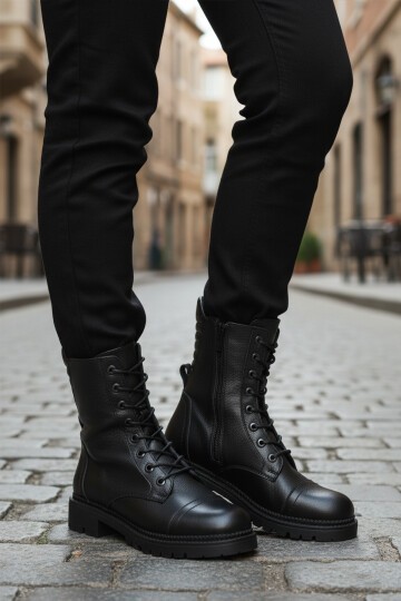 Siyah Hakiki Deri Fermuarlı Kadın Bot Premium 52682-1 Z